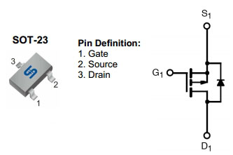 TSM2301CX, P-канальный MOSFET транзистор, -20 В, -2.8 А